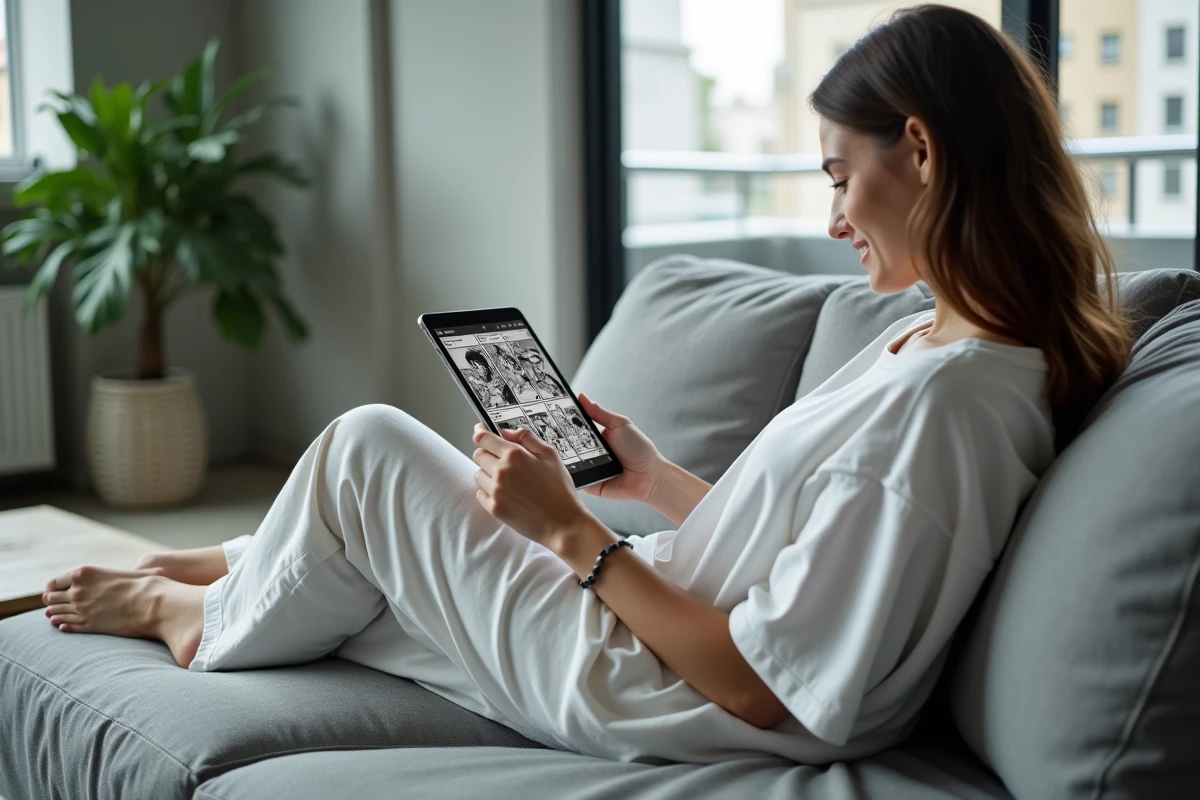 Jeune femme lisant des scans manga en VF sur une tablette numérique dans un salon moderne minimaliste