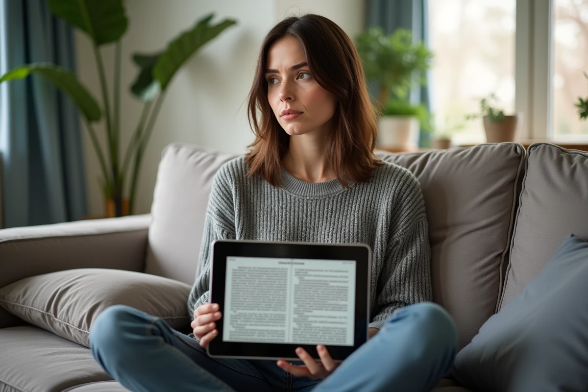 Femme tenant une tablette affichant une version scannée traduite d'un manga, expression hésitante sur un canapé dans un appartement moderne