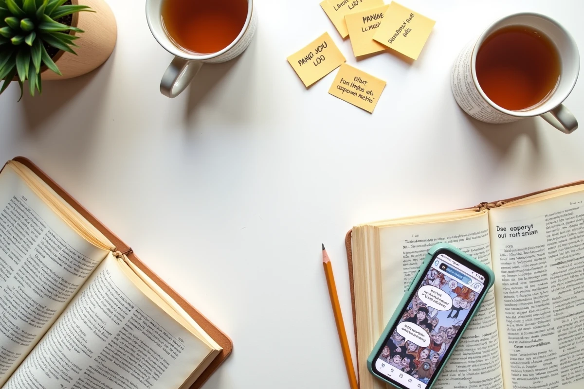 Vue de dessus d'une table avec des volumes manga en français ouverts, un smartphone affichant un site de scans manga et une tasse de thé