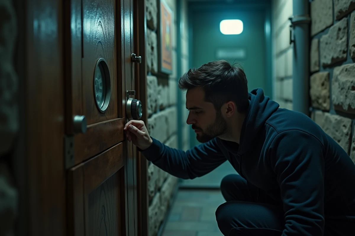 Homme examinant un cadenas sur une porte dans un couloir d'escape room avec des murs en pierre usés