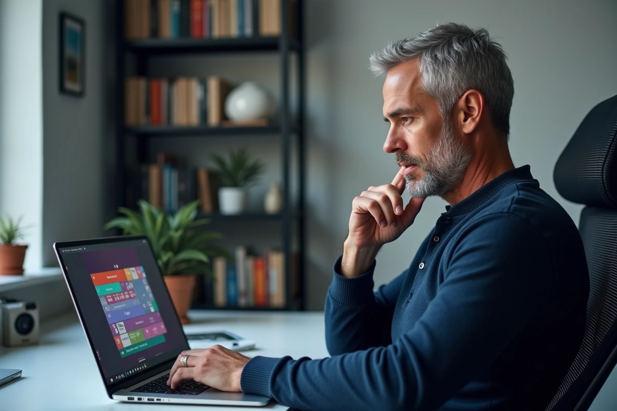 Homme concentré réfléchissant devant un jeu de mots sémantique sur ordinateur portable dans un bureau à domicile moderne