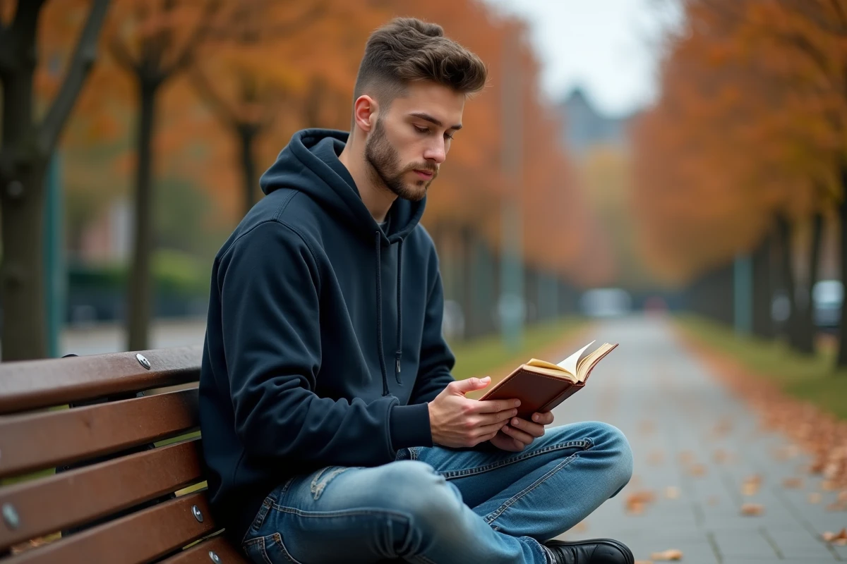 Jeune homme écrivant de la poésie dans un carnet en cuir sur un banc de parc en automne, cherchant ses rimes