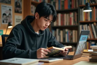 Jeune homme lisant un manga japonais en version française non officielle sur son bureau encombré de livres et d'un ordinateur portable