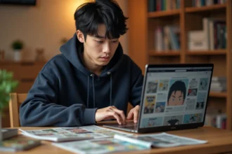 Jeune homme lisant des scans manga en français sur ordinateur portable avec des volumes manga éparpillés sur un bureau en bois