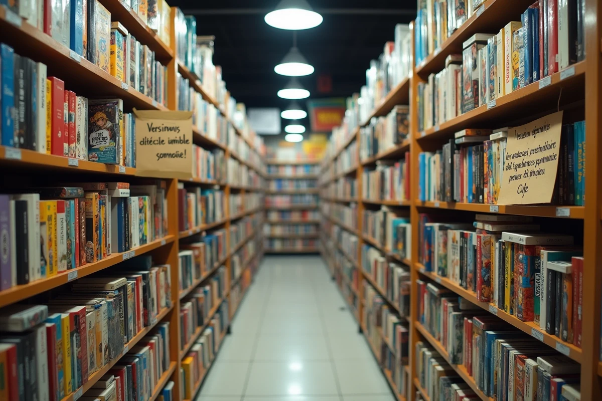 Rayon de librairie spécialisée manga avec un espace vide et une affiche annonçant une version officielle française à venir