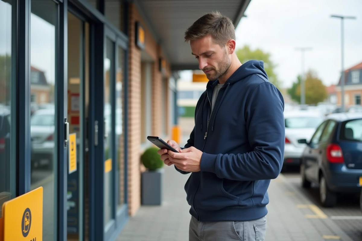 Homme cherchant un point relais Chronopost près d'un supermarché avec son téléphone
