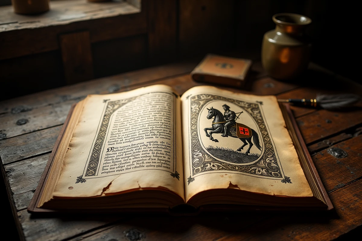 Manuscrit enluminé médiéval présentant la devise et les symboles des Templiers, illustrant la profession de foi chrétienne de l'ordre