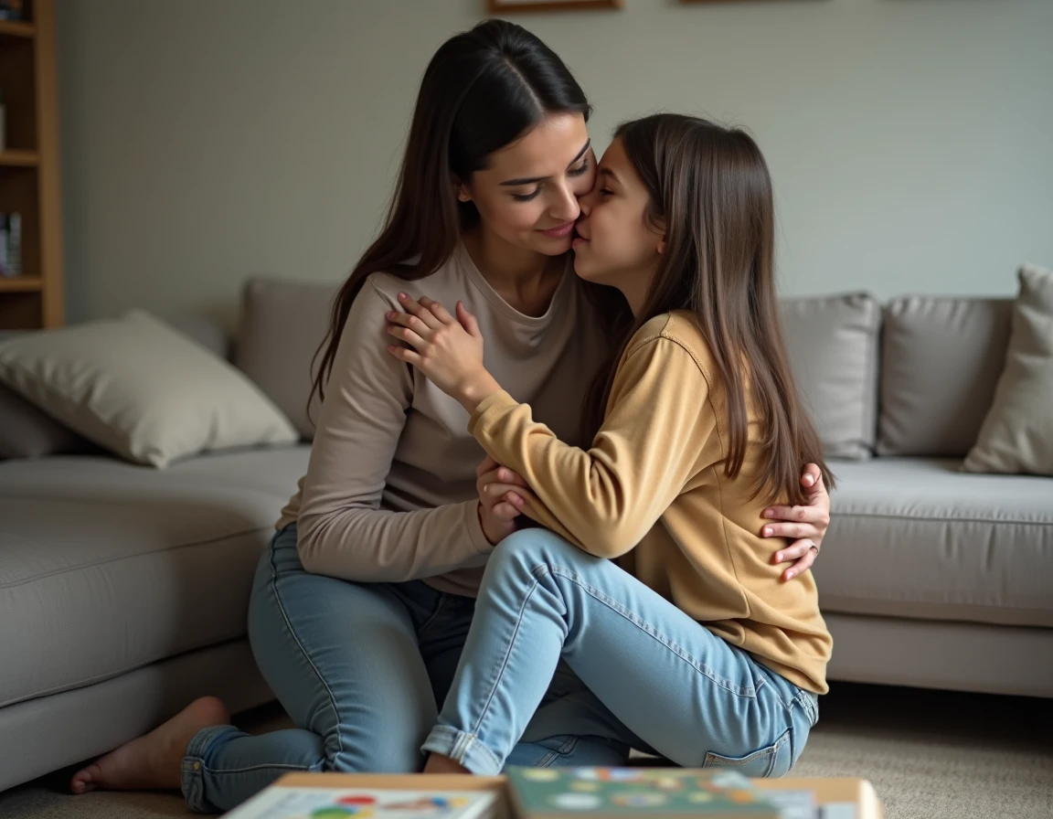 Mère réconfortant sa fille dans le salon familial, symbolisant la protection des enfants face à un parent narcissique pervers