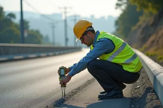 Ingénieur civil mesurant la pente d'une route avec un inclinomètre numérique pour comparer pourcentage et degré