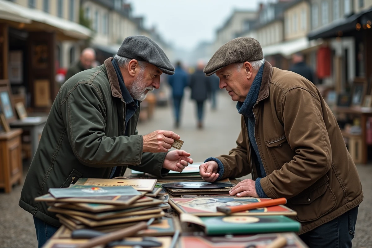 Homme en train de négocier le prix d'un objet vintage avec un vendeur au marché aux puces en Morbihan, scène de marchandage authentique à la brocante