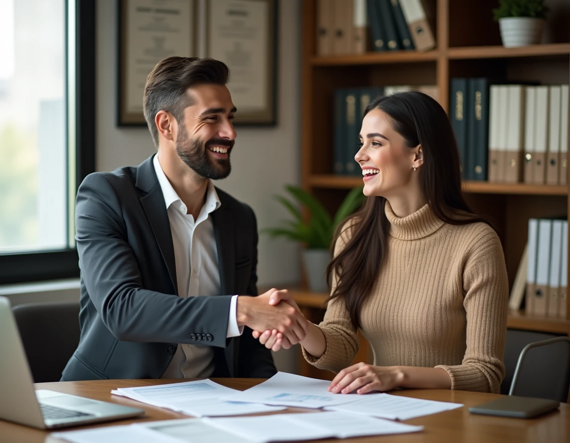 Deux professionnels se serrant la main après la finalisation d'une acquisition commerciale dans un bureau chaleureux