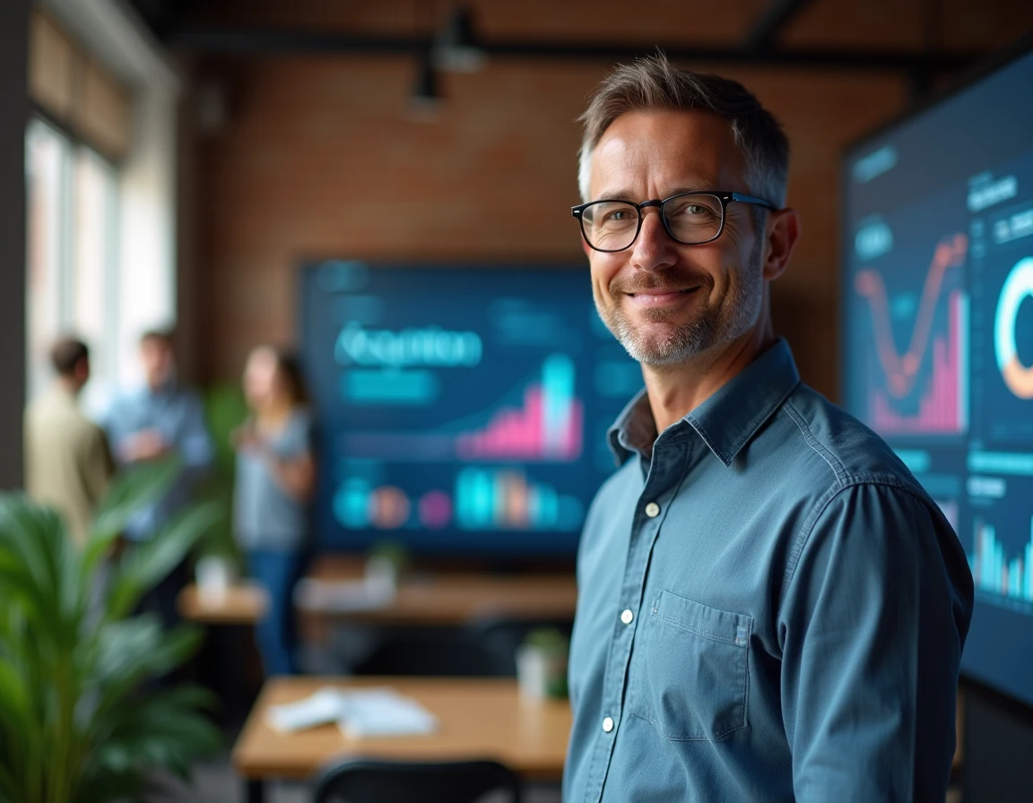 Homme en bureau startup présentant une stratégie d'acquisition sur un écran interactif avec graphiques et données