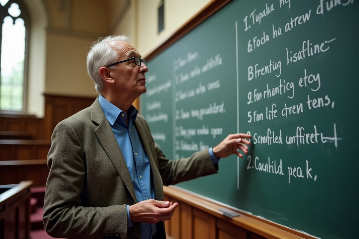 Professeur de littérature expliquant les types de rimes riches et pauvres devant un tableau noir couvert de notations phonétiques