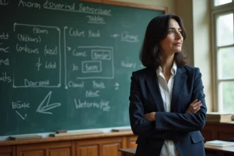 Professeure de linguistique devant un tableau noir couvert de schémas paradigmatiques dans une salle de cours universitaire