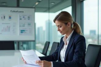 Professionnelle en blazer marine étudiant un contrat d'acquisition dans une salle de réunion moderne avec vue sur la ville