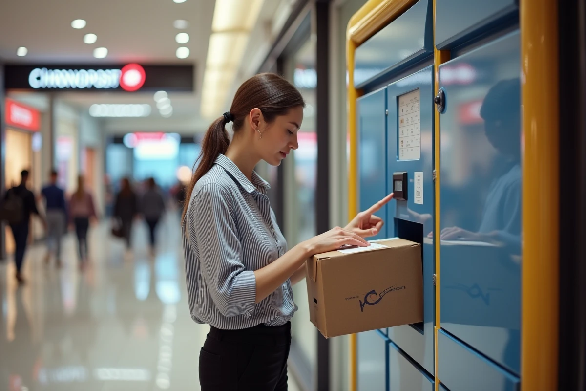 Jeune femme récupérant un colis Chronopost dans une consigne automatique en centre commercial