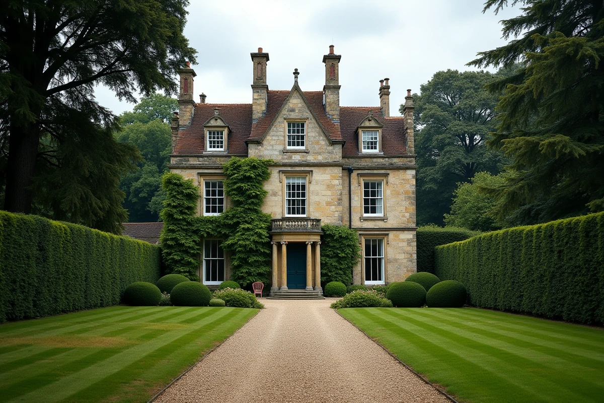 Manoir en pierre de style anglo-français entouré d'arbres centenaires et de haies taillées, évoquant les origines aristocratiques et l'histoire familiale de Samantha de Bendern