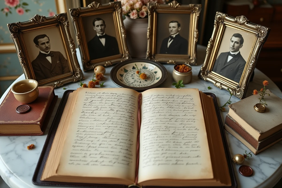 Collection d'objets hérités d'une famille aristocratique européenne, incluant des photographies sépia encadrées, un journal en cuir et un cachet de cire, disposés sur du marbre ancien