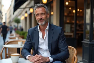 Homme élégant en veste marine assis à une terrasse de café parisien, regard discret, ambiance vie privée de célébrité