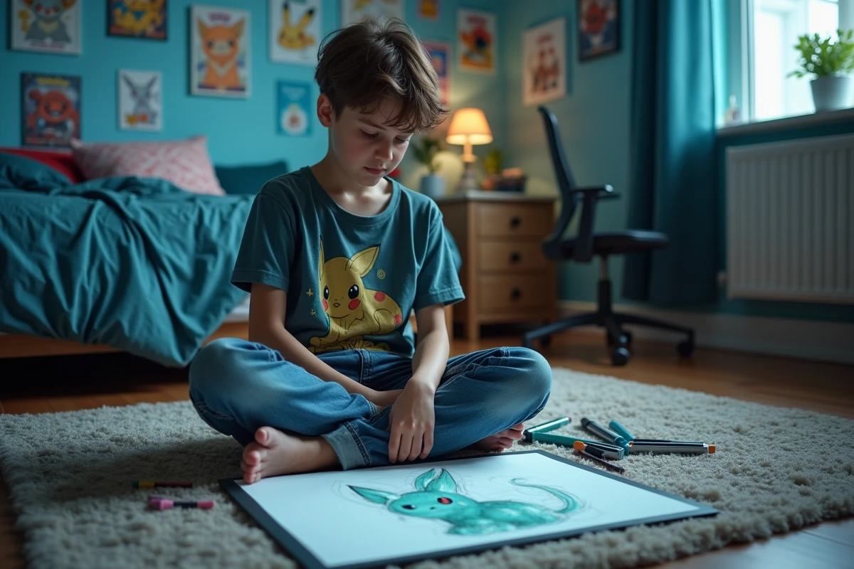 Adolescent dessinant Mew version chromatique avec des marqueurs alcool sur un carnet posé sur ses genoux dans une chambre décorée de posters Pokémon