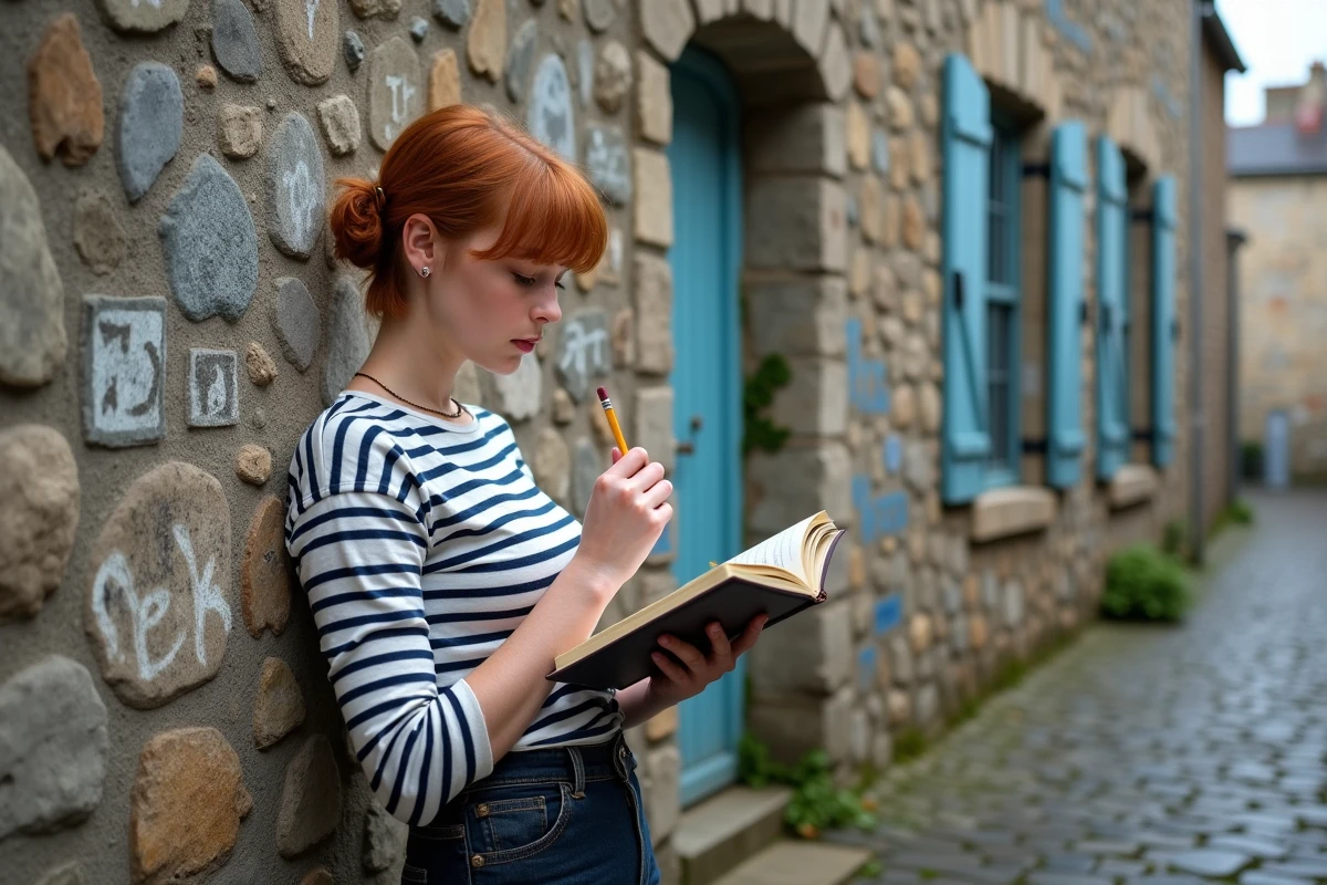 Jeune femme apprenant des insultes et expressions argotiques en breton dans une ruelle ancienne
