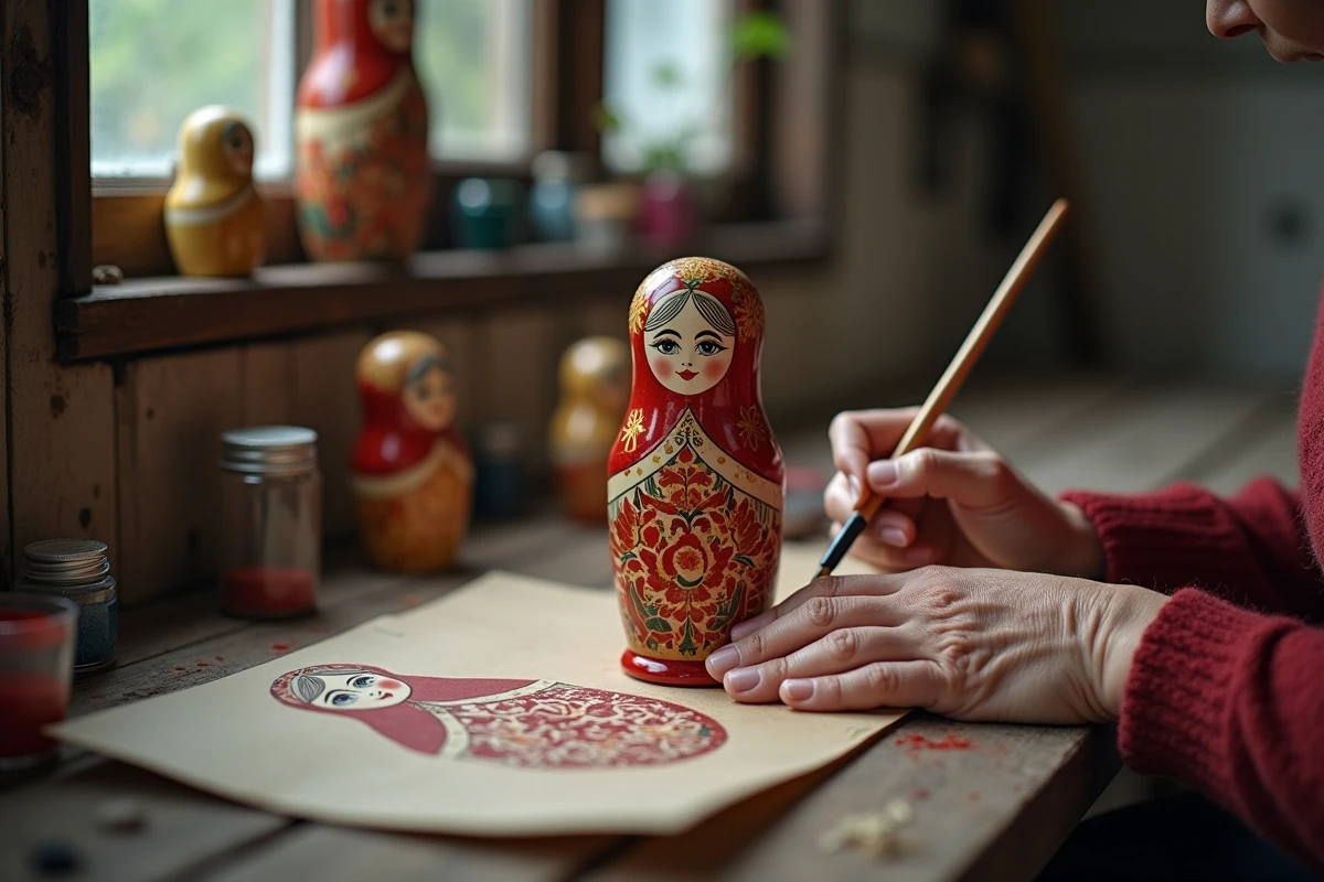 Mains d'une artisane peignant des motifs floraux sur une poupée matriochka en bois brut dans un atelier traditionnel russe