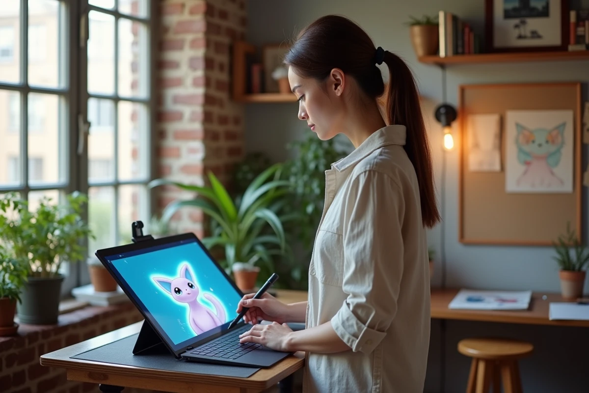 Artiste féminine travaillant sur un dessin numérique de Mew shiny sur tablette graphique dans un studio créatif avec murs en briques apparentes