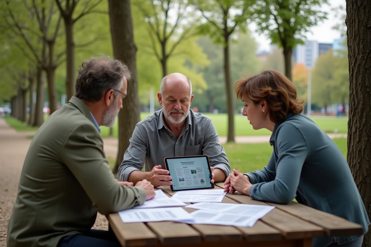 Groupe de citoyens collaborant autour d'un plan d'action environnemental local dans un parc urbain