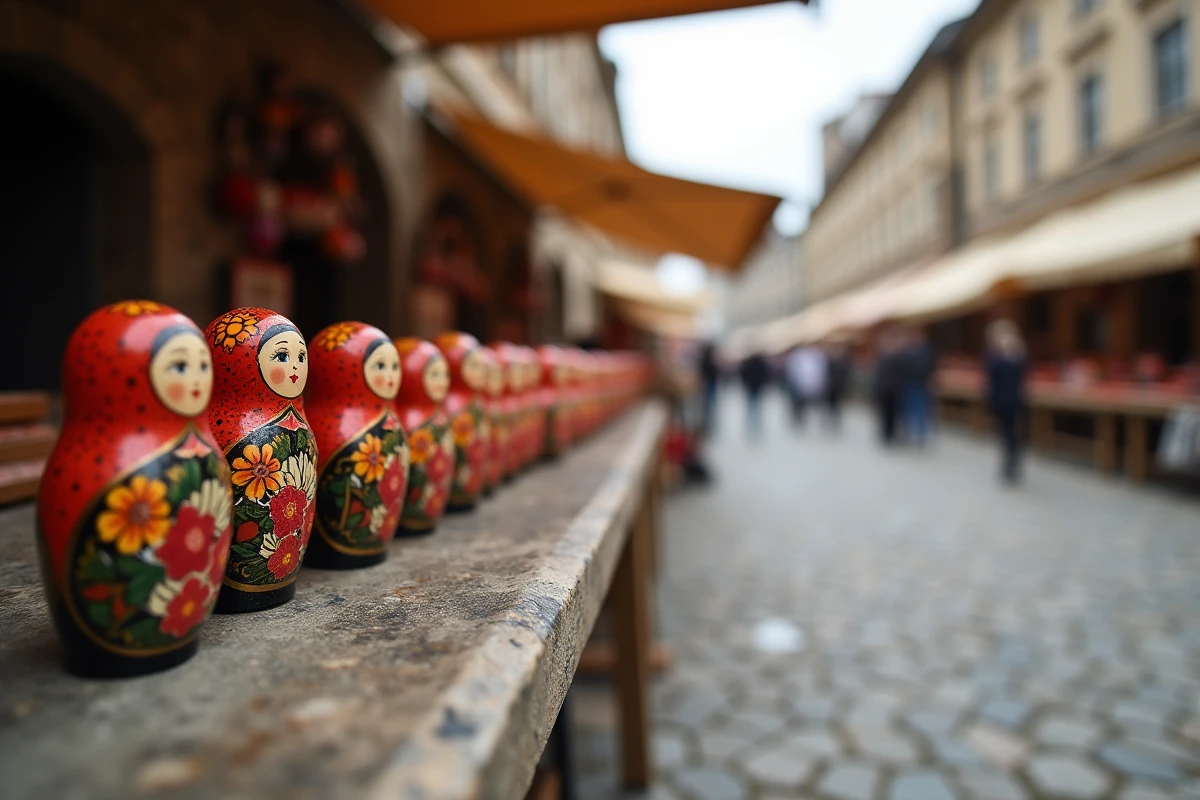 Collection de poupées matriochkas ouvertes exposées sur un étal de marché artisanal en plein air dans un village russe