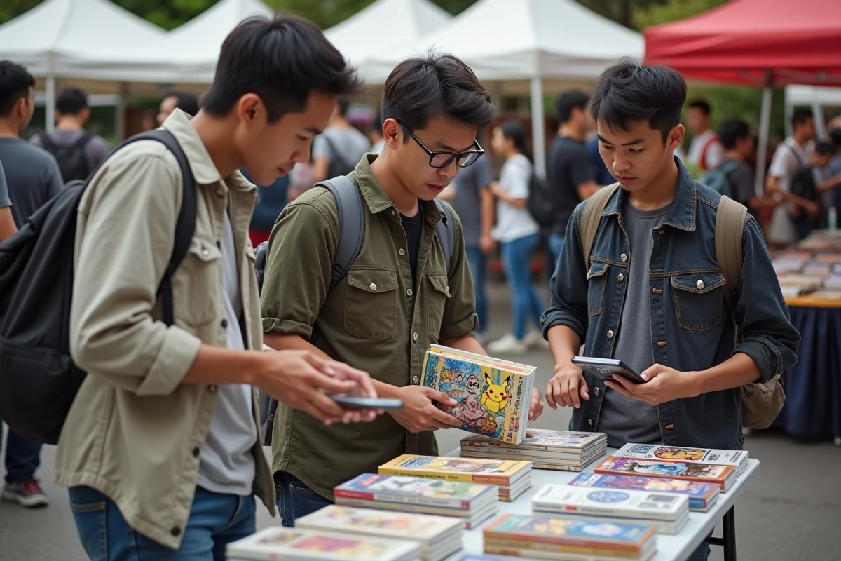Groupe de collectionneurs inspectant un lot de mangas Pokémon Aventures sur un stand de salon de bandes dessinées pour éviter les mauvaises surprises