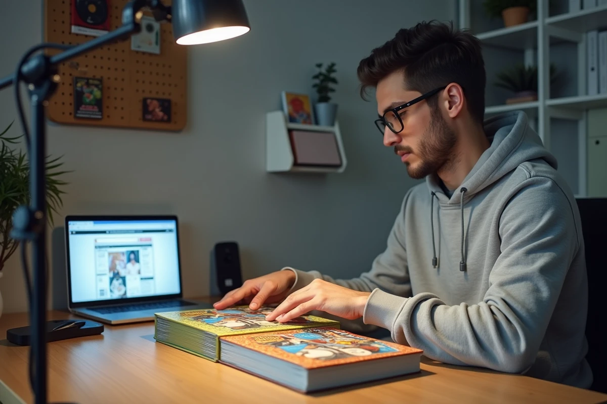 Homme comparant deux éditions du manga Pokémon Aventures côte à côte sur un bureau pour identifier les contrefaçons avant l'achat