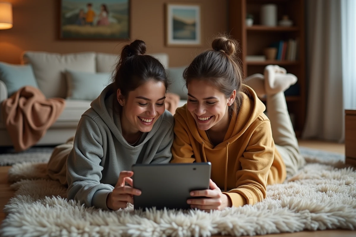 Couple regardant une offre Canal Plus sans engagement sur une tablette dans leur salon