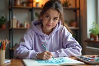 Jeune femme dessinant un Mew shiny dans un carnet de croquis avec des crayons de couleur pastel bleu-vert sur un bureau en bois