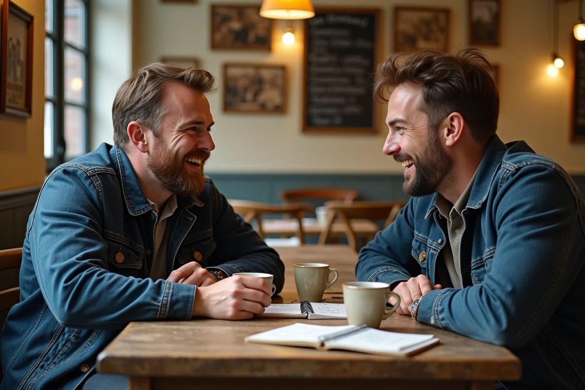 Deux hommes échangeant des expressions argotiques bretonnes dans un café traditionnel