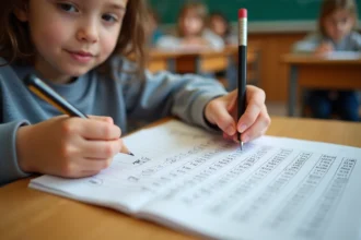 Mains d'élève écrivant des exercices de conversion de litres avec un tableau de conversion posé sur un bureau scolaire en bois