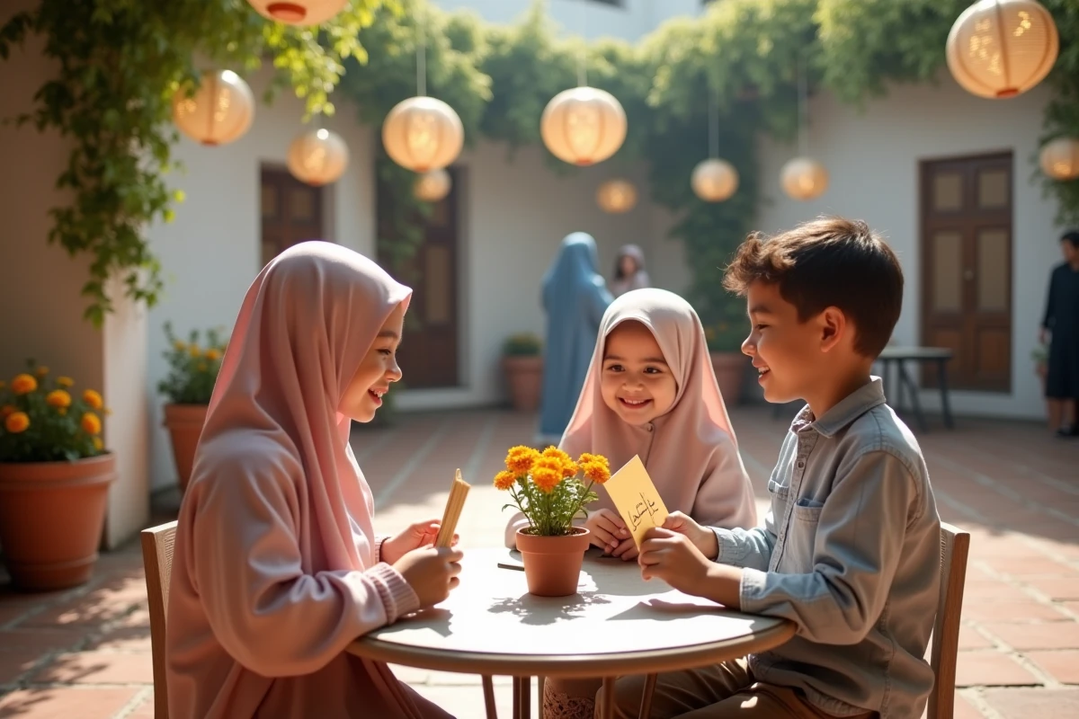 Trois enfants échangent des cartes de vœux de Ramadan autour d'une table dans une cour décorée de lanternes