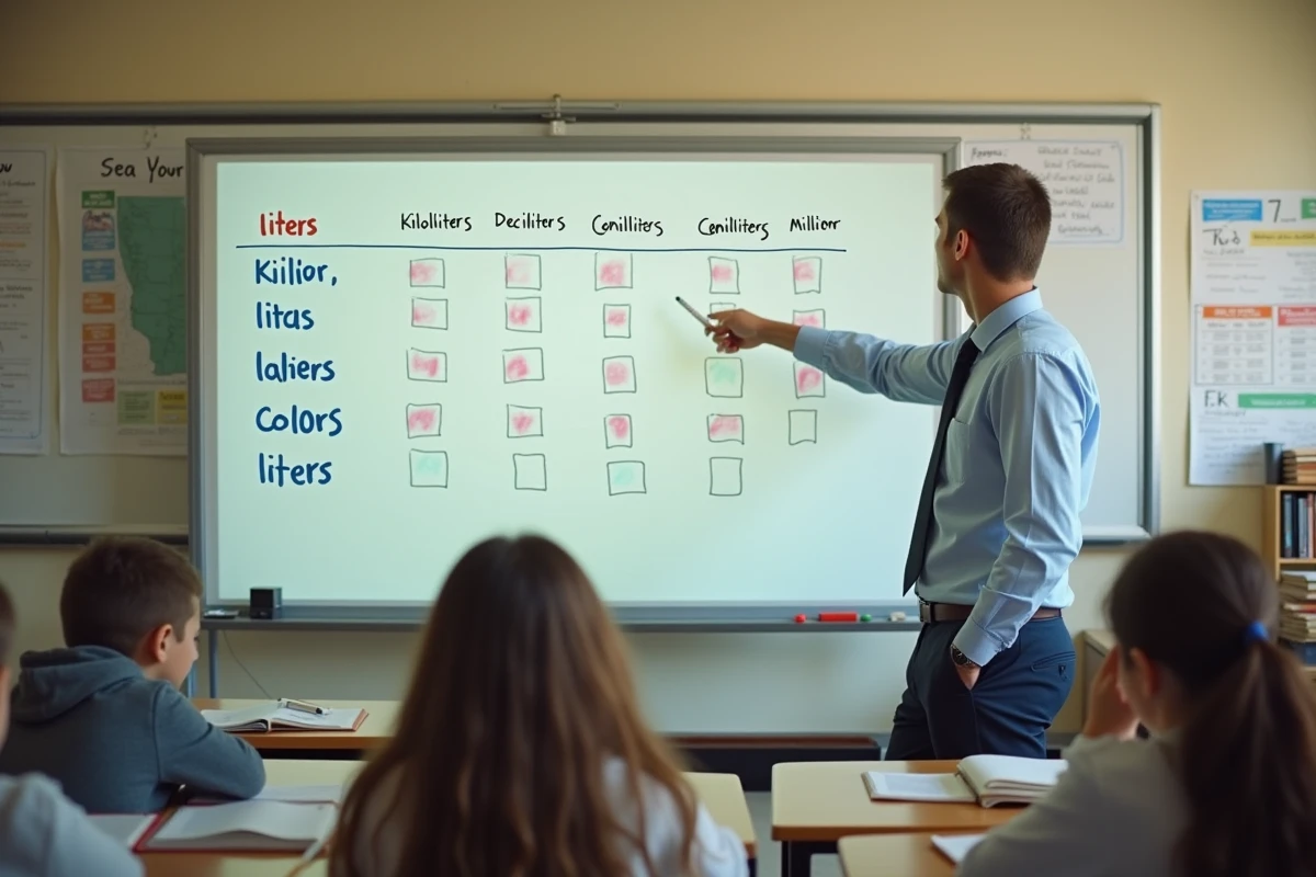 Enseignant montrant un tableau de conversion des litres écrit au tableau blanc dans une salle de classe