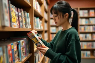 Jeune femme examinant attentivement un coffret manga Pokémon Aventures dans une librairie spécialisée pour éviter les erreurs d'achat