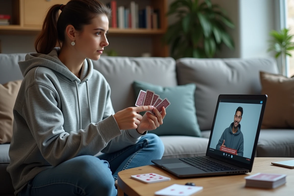 Femme apprenant les règles de la belote à deux grâce à un tutoriel vidéo sur ordinateur portable