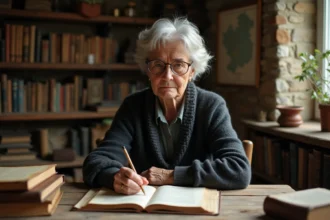 Femme bretonne étudiant des textes traditionnels en argot dans une bibliothèque rurale