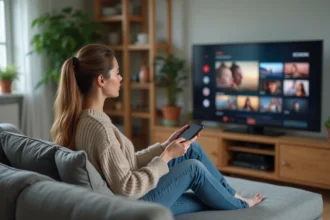 Jeune femme sur un canapé tenant une télécommande et un smartphone pour accéder à Canal Plus sans engagement