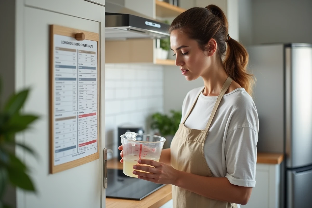 Femme consultant un tableau de conversion des litres en millilitres dans une cuisine moderne avec un pichet gradué