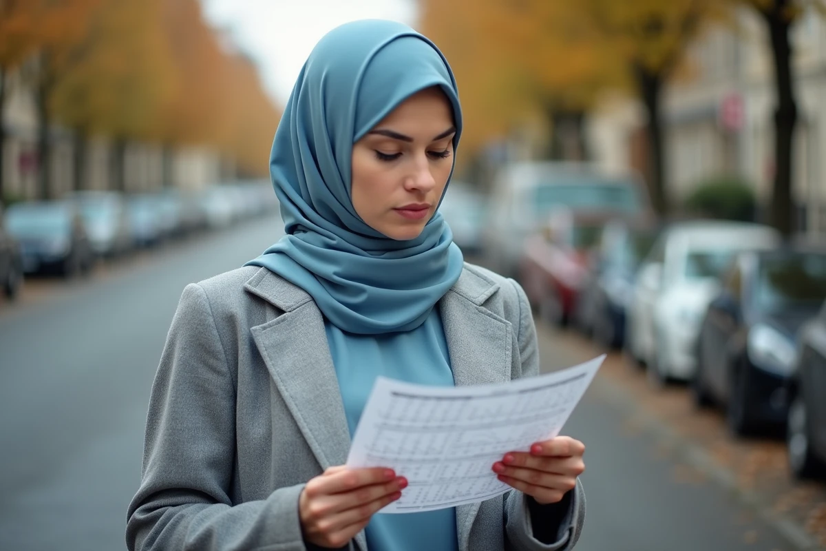 Femme consultant un tableau des horaires de prière dans une rue d'Argenteuil