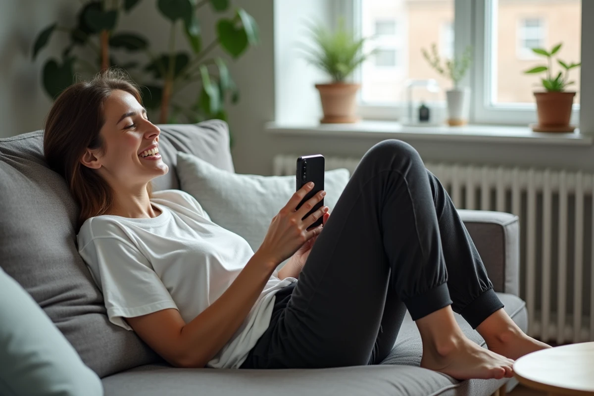 Femme détendue sur un canapé parcourant un agrégateur de contenu viral et de mèmes sur son smartphone