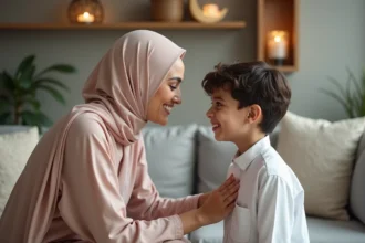 Une femme en hijab pastel souhaite un bon Ramadan à un jeune garçon en thobe blanc dans un salon décoré de lanternes