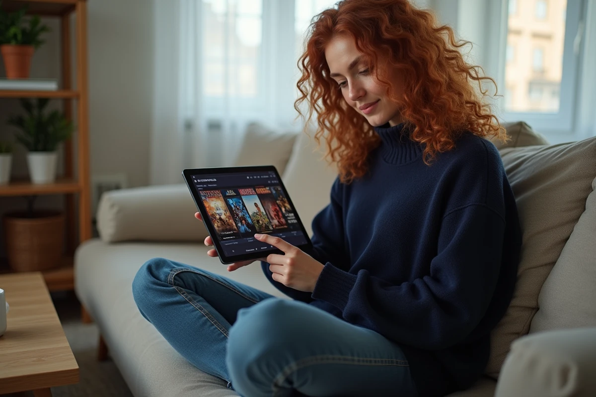 Femme recherchant des films en streaming sur une tablette dans un salon confortable
