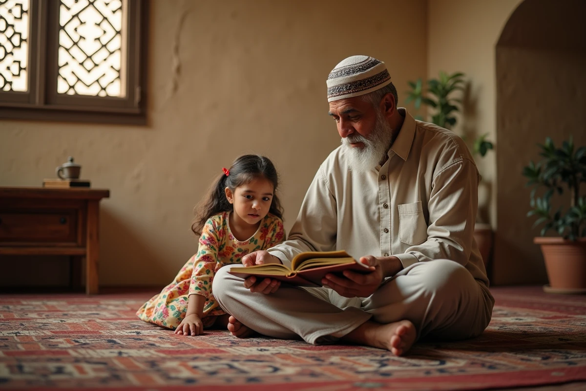 Un grand-père en kufi traditionnel partage un livre de Ramadan avec une petite fille dans un intérieur chaleureux