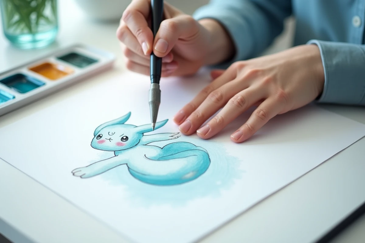 Gros plan de mains d'artiste traçant les lignes d'un dessin de Mew shiny à l'encre sur papier Bristol blanc avec un encrage précis