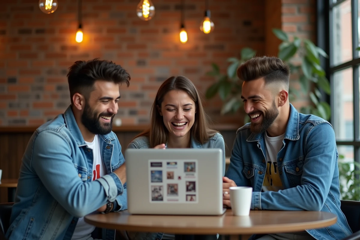 Groupe d'amis réagissant avec humour à des mèmes et contenus viraux sur Scrolller dans un café urbain