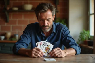 Homme jouant à la belote à deux avec des cartes à jouer sur une table en bois dans une cuisine française